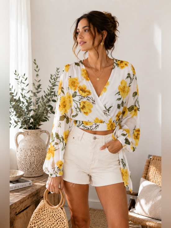 Tops - Favlux White & Yellow Floral Print Chiffon Cold Shoulder Crop Top Size Large
